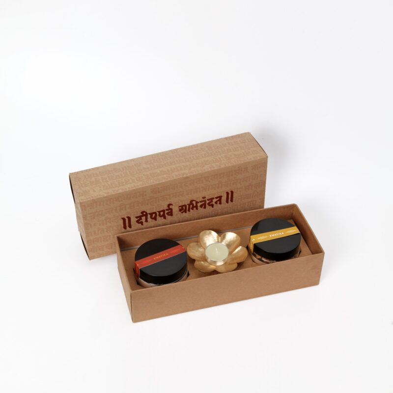 The Compact, Ethnic Diwali Gift pack with Dry fruits and Golden Lotus Diya